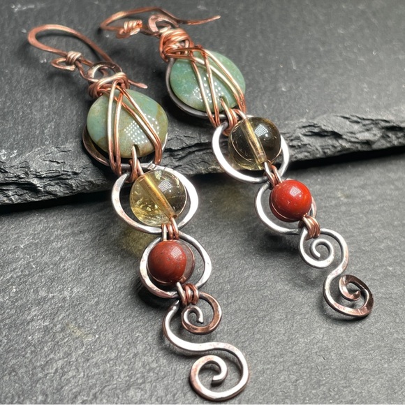 Handcrafted Hammered Copper With Agate and Citrine Gemtone Earrings - Picture 4 of 13